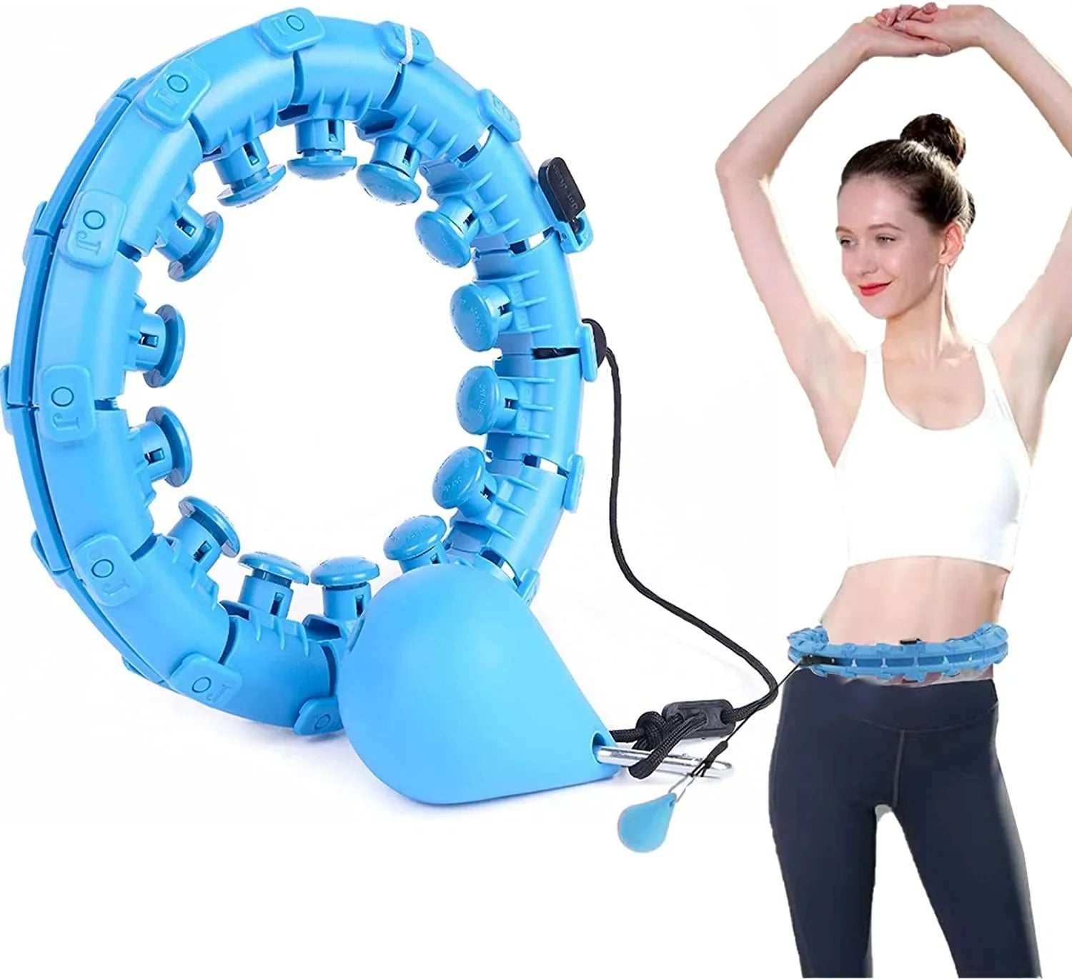 Blue adjustable weighted hula hoop with massage rollers and detachable sections for waist slimming and fitness training