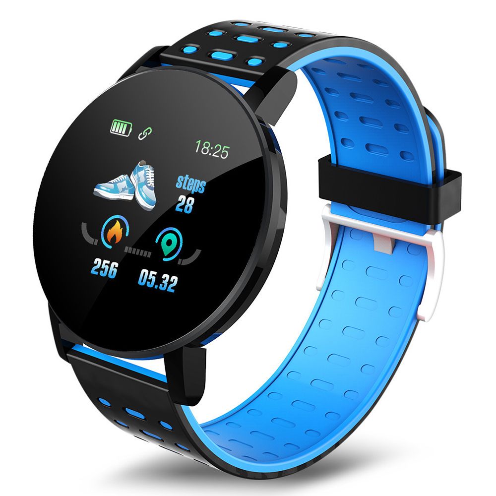 Bluetooth smart watch with 1.3 inch LED display and blue TPU strap, heart rate monitor, step tracking, and vibration reminder.