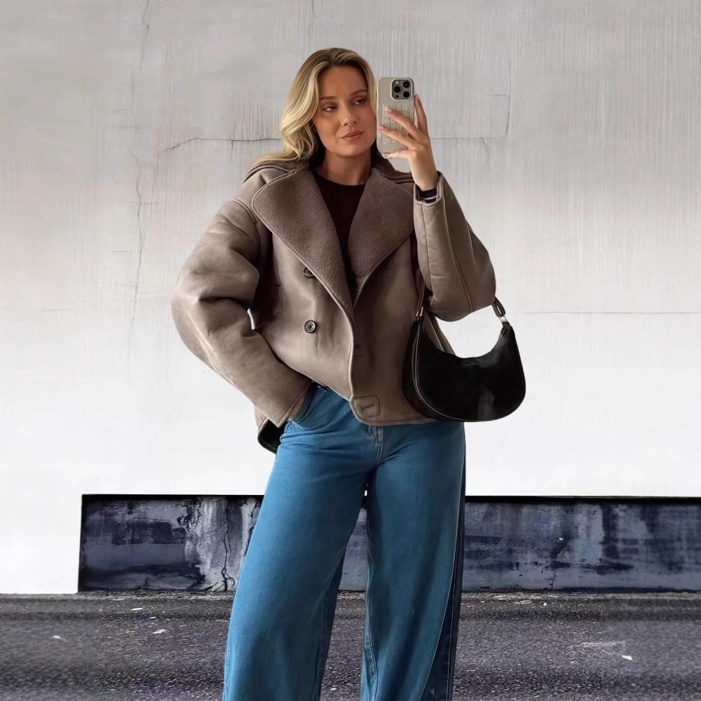 Vintage Lambswool Lapel Long-sleeve Jacket For Women