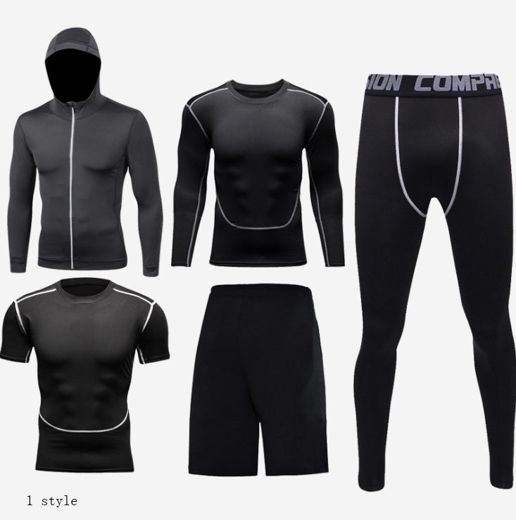 Black men's fitness clothing suit with hoodie, long-sleeve shirt, short-sleeve shirt, shorts, and tights made of milk silk and spandex