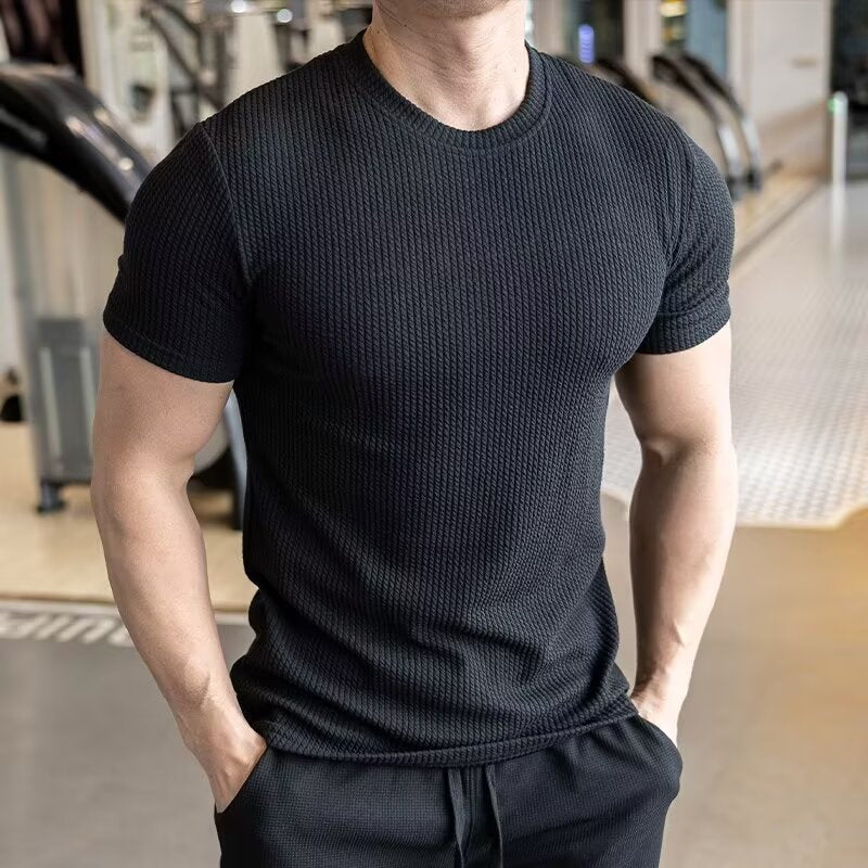 Black crew neck short sleeve breathable wrinkle resistant sportswear for men