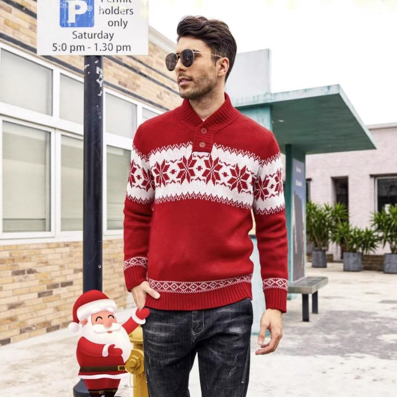 Men's fashionable red jacquard knitted shirt with stand-up collar and long sleeves