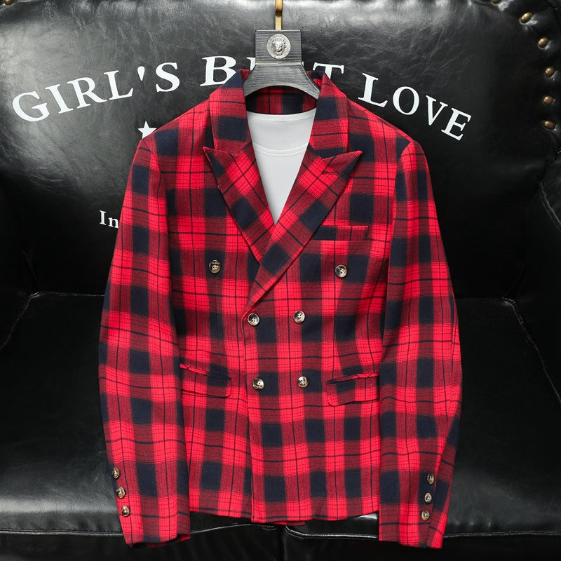 Men's slim-fit plaid blazer in red and black corduroy fabric with double-breasted buttons and linen composition for spring business formal wear