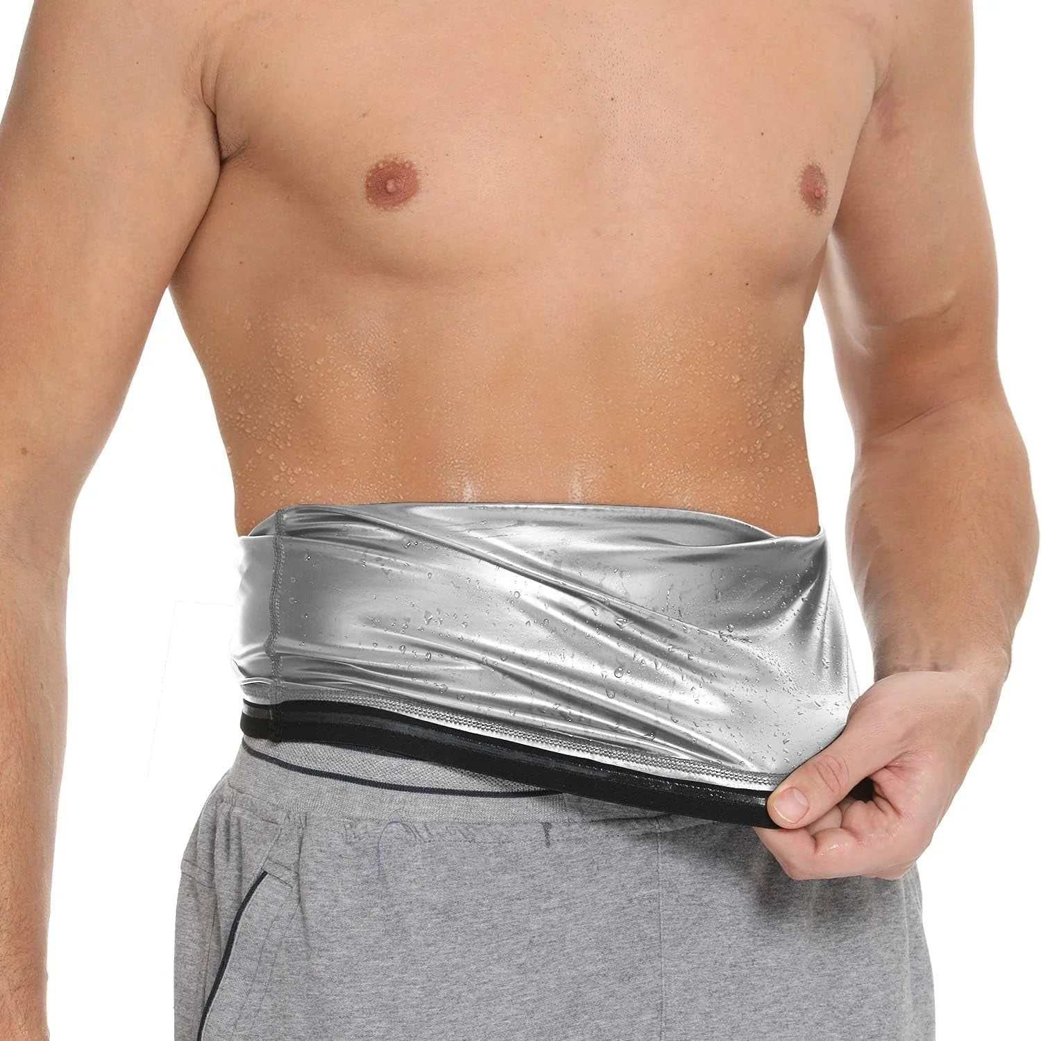 Man wearing sauna waist trimmer belt designed to boost sweat and burn fat during workouts