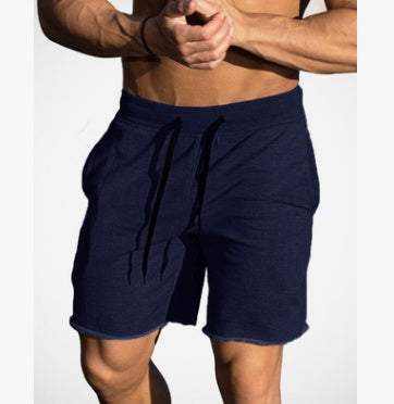 Men's navy cotton workout shorts with drawstring waistband
