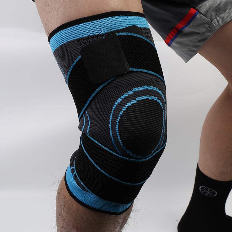 3D Sports Knee Pad black and blue with adhesive tape and double beams for meniscus support worn on knee for injury prevention and comfort