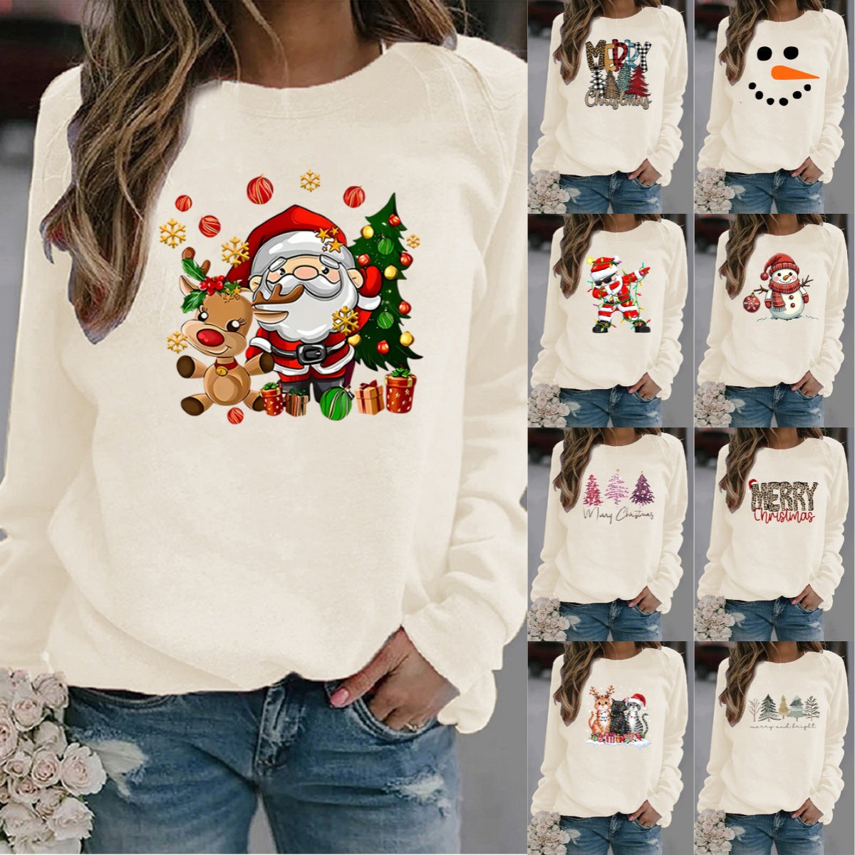 Women's Christmas printed crew-neck sweater with festive holiday designs, long sleeves, and polyester fabric.