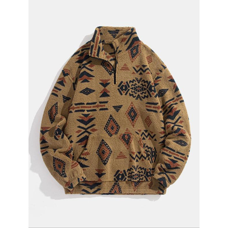 Men's Ethnic-pattern Zip-up Plush Hoodie
