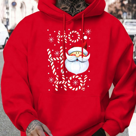 Men's fashion-forward red hooded sweatshirt with Santa Claus holiday design, polyester fiber with cotton liner, casual pullover style