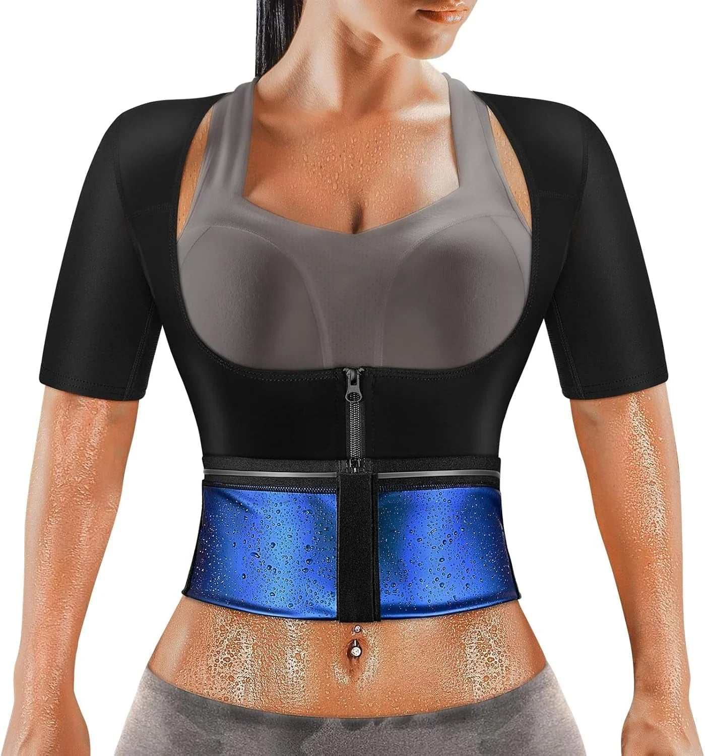 Woman wearing black and blue sauna suit for women to maximize sweat and shape body during workout