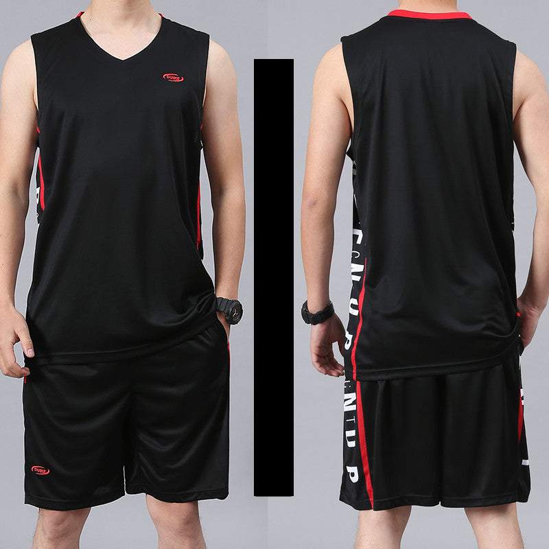 Men's black sleeveless basketball sports suit with red and white accents, running vest and shorts set