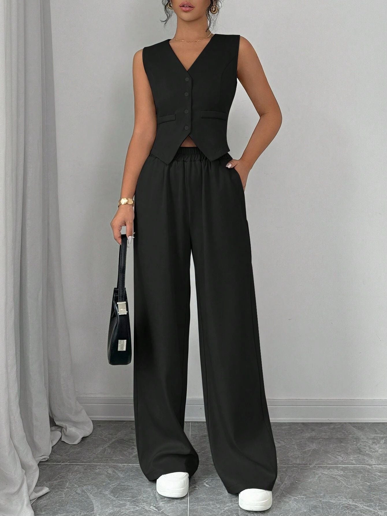 Elegant Button-front Sleeveless Vest And Trousers Set